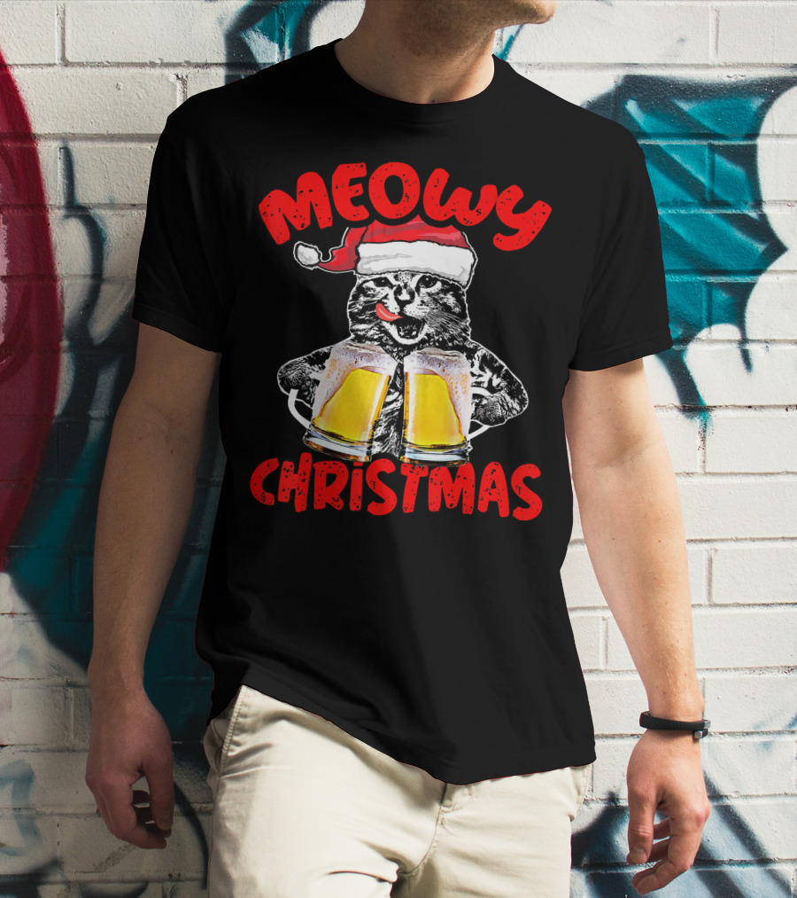 Meowy Christmas Funny Meow Drinking Beer Cat T-Shirt