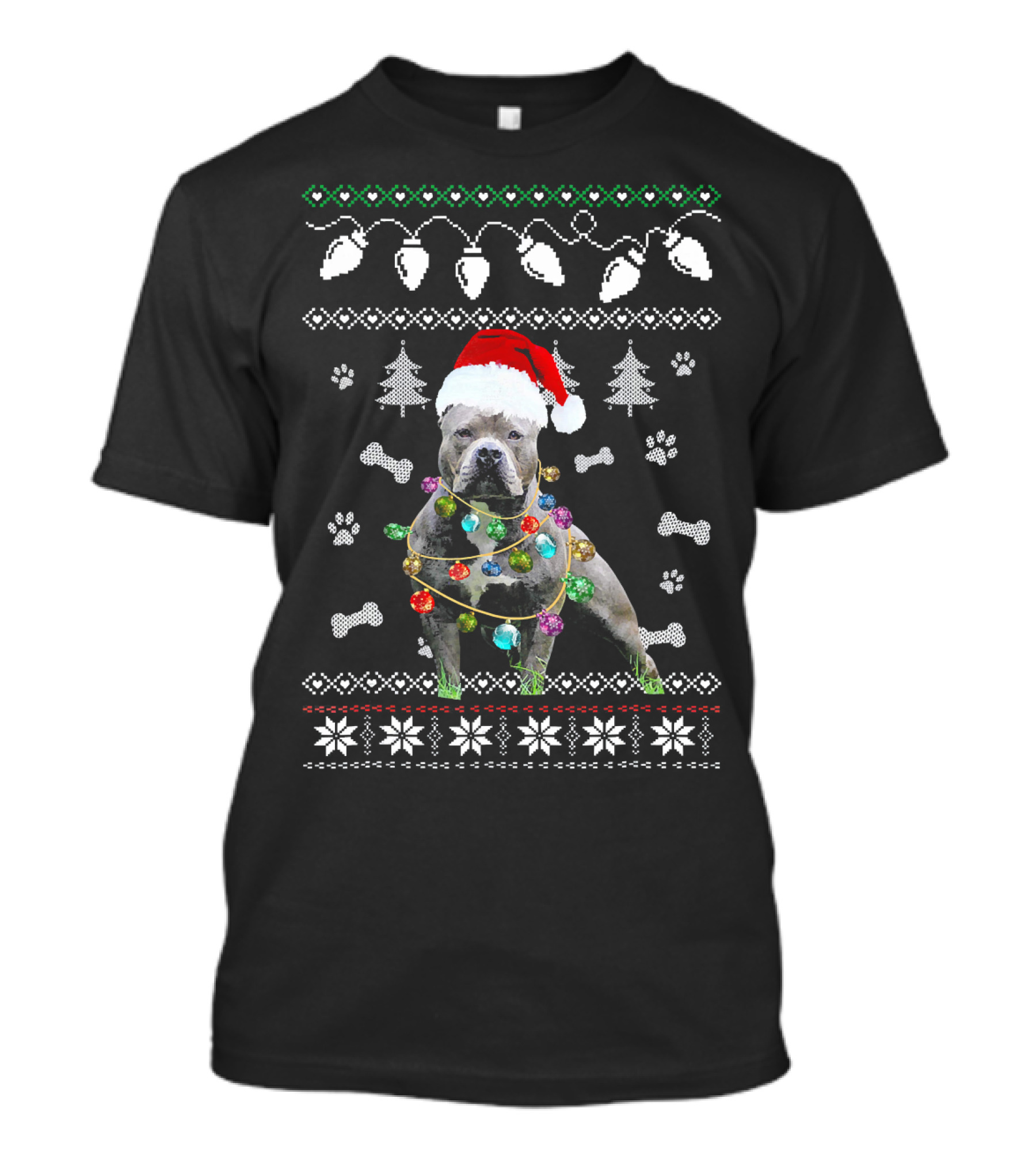Pitbull Christmas Lights Santa Hat Ugly T-Shirt