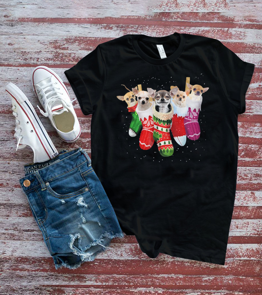 Chihuahua Puppies In Festive Holiday Socks T-Shirt
