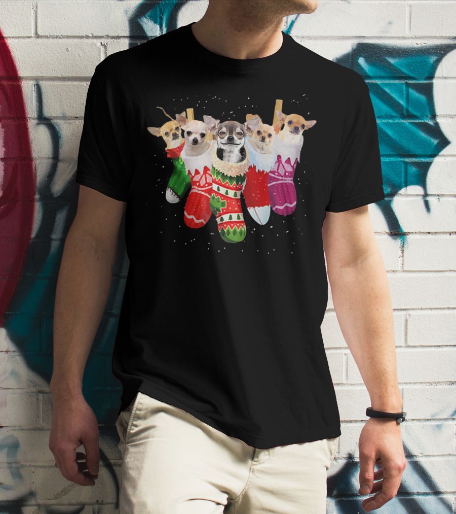Chihuahua Puppies In Festive Holiday Socks T-Shirt