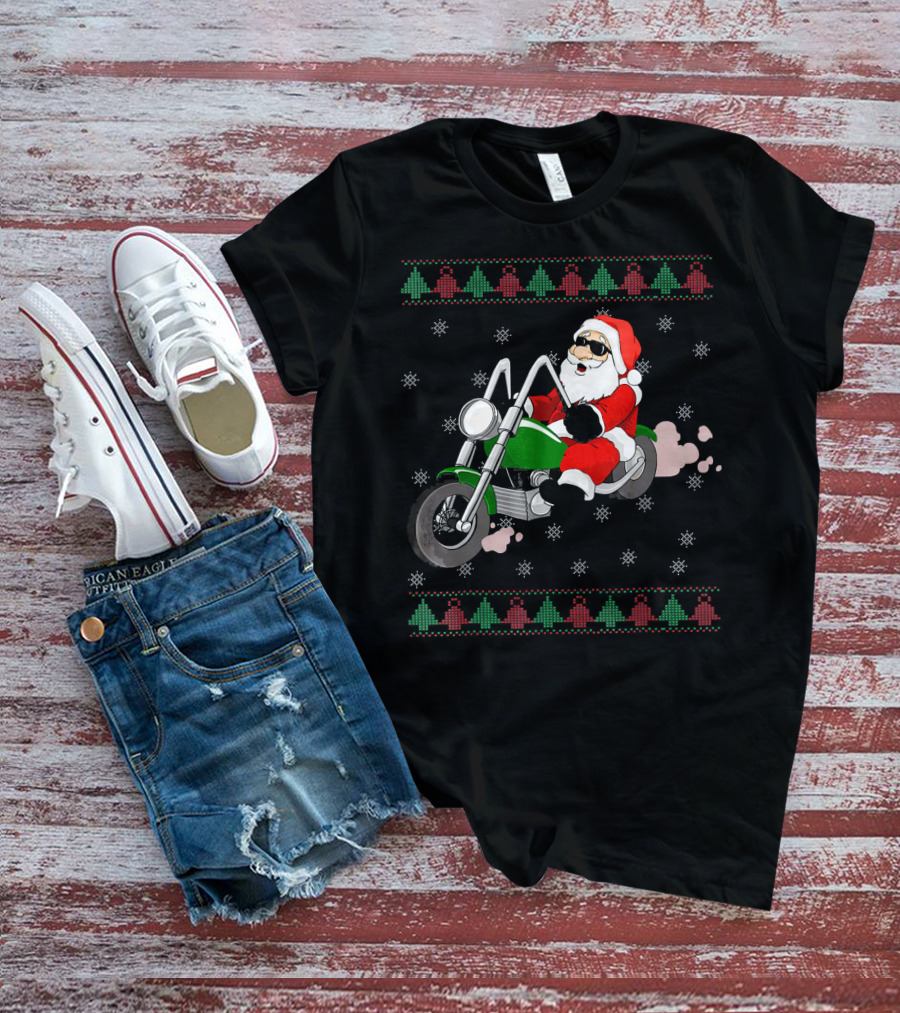 Funny Santa Claus Riding Motorcycle Christmas T-Shirt