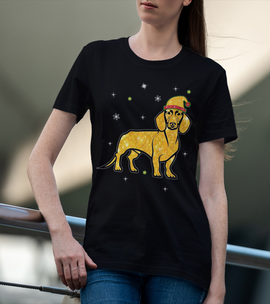 Christmas Lights Glitter Dachshund Dog With Santa Hat And Snowflakes T-Shirt