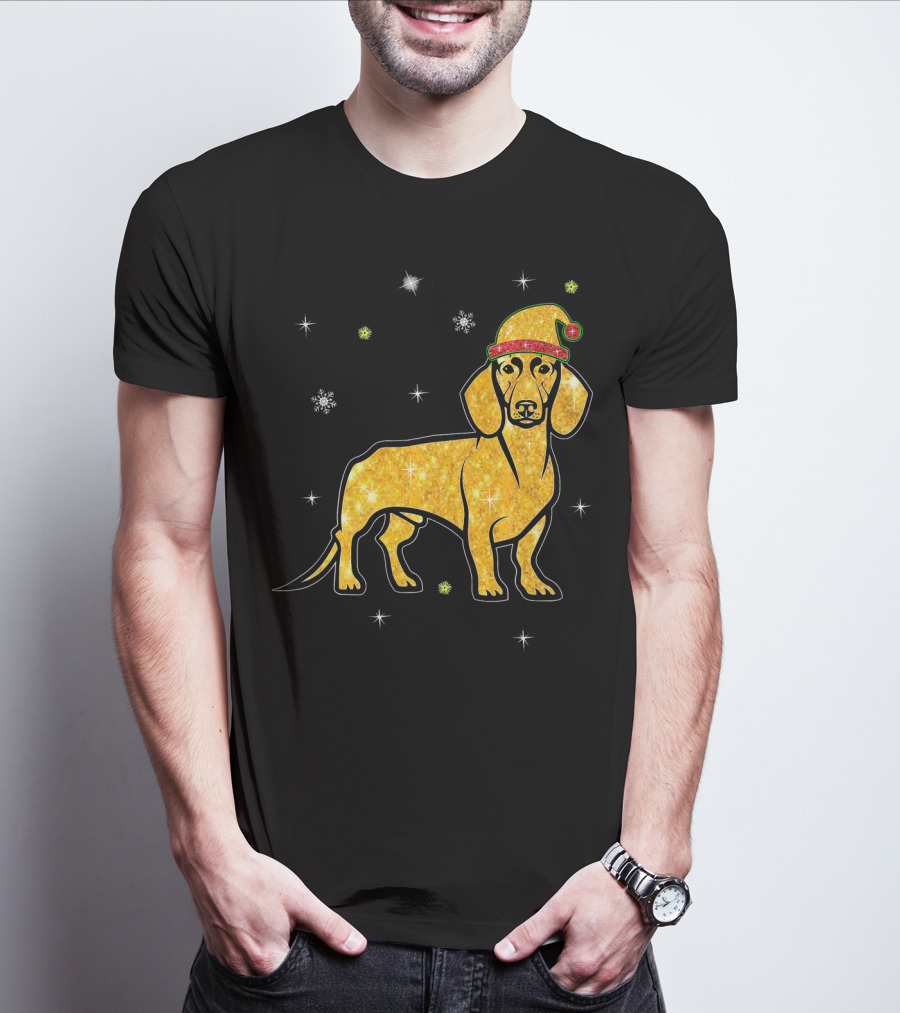 Christmas Lights Glitter Dachshund Dog With Santa Hat And Snowflakes T-Shirt