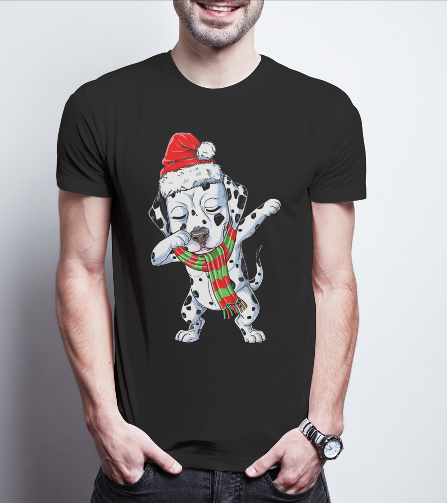 Dabbing Dalmatian Puppy In Santa Hat And Festive Scarf T-Shirt