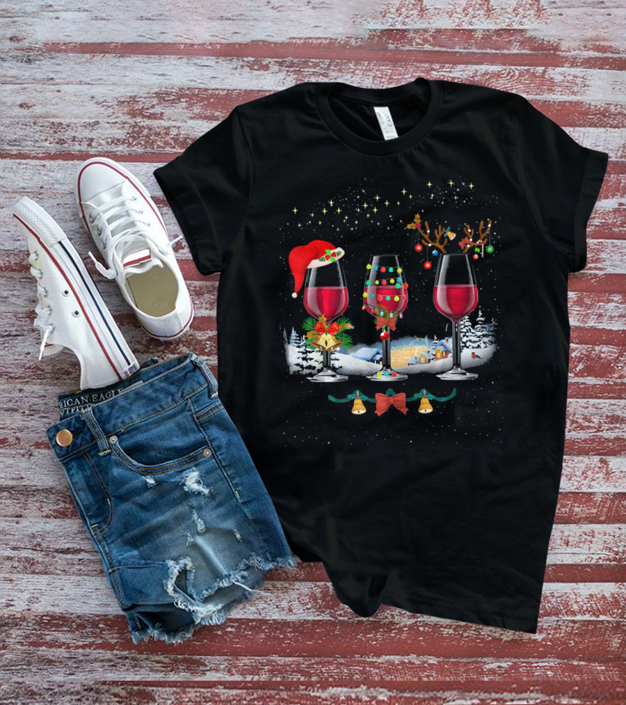 Three Christmas Red Wine Glasses Santa Hat Reindeer Lights Snowy Village T-Shirt