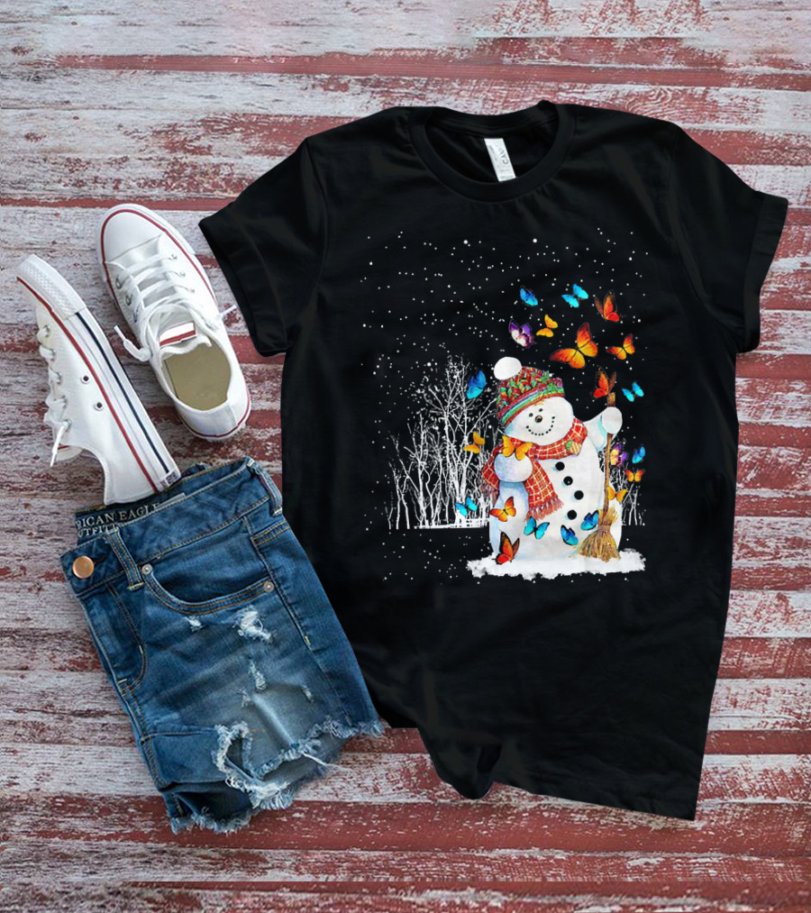 Snowman With Butterflies In A Snowy Forest T-Shirt