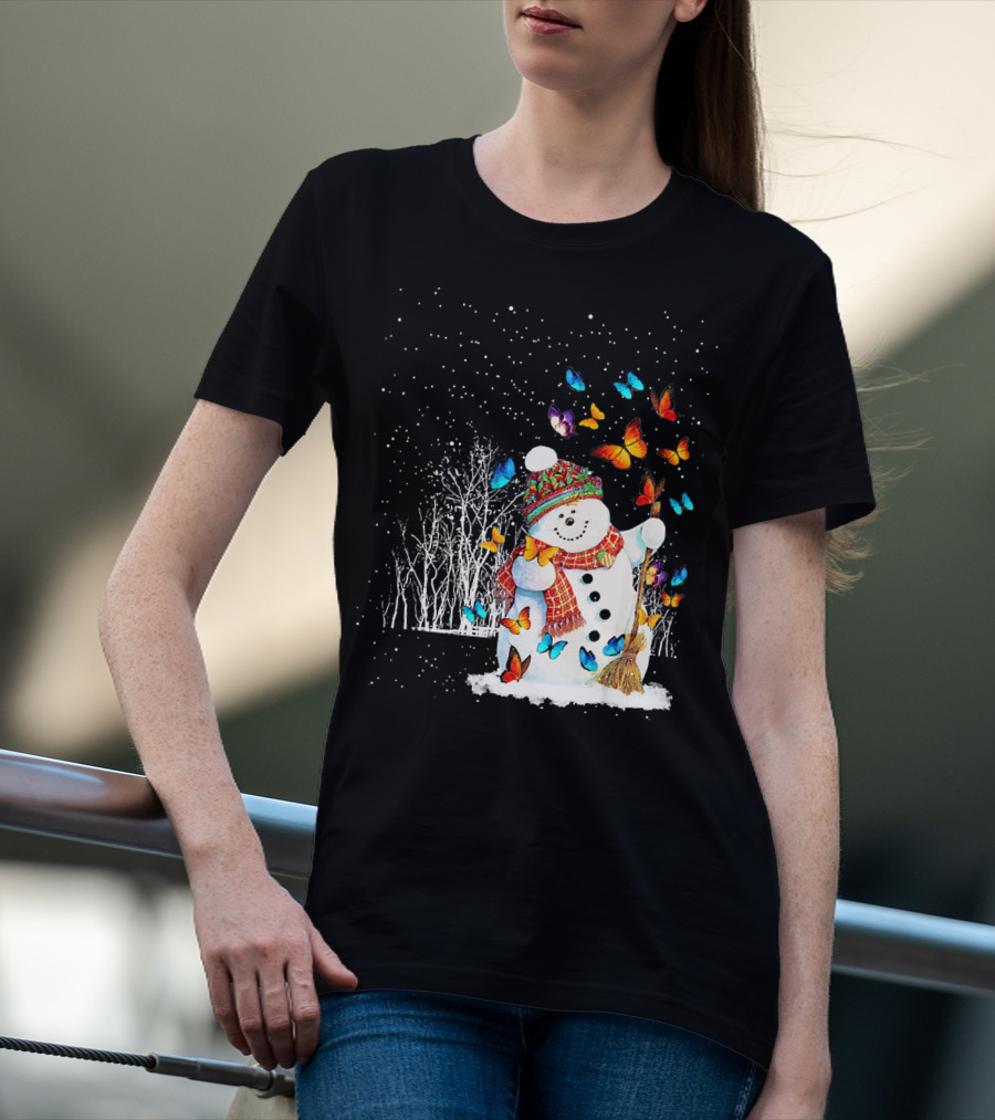 Snowman With Butterflies In A Snowy Forest T-Shirt