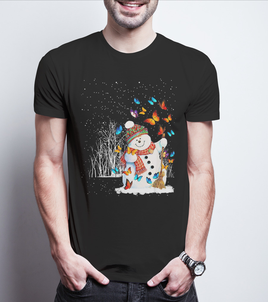 Snowman With Butterflies In A Snowy Forest T-Shirt