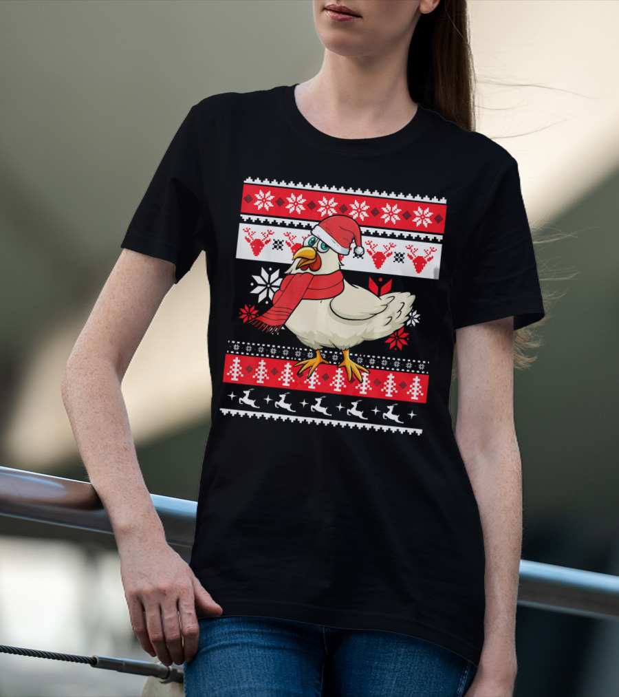 Ugly Christmas Chicken Santa Hat Snowflakes Reindeer Red Scarf T-Shirt