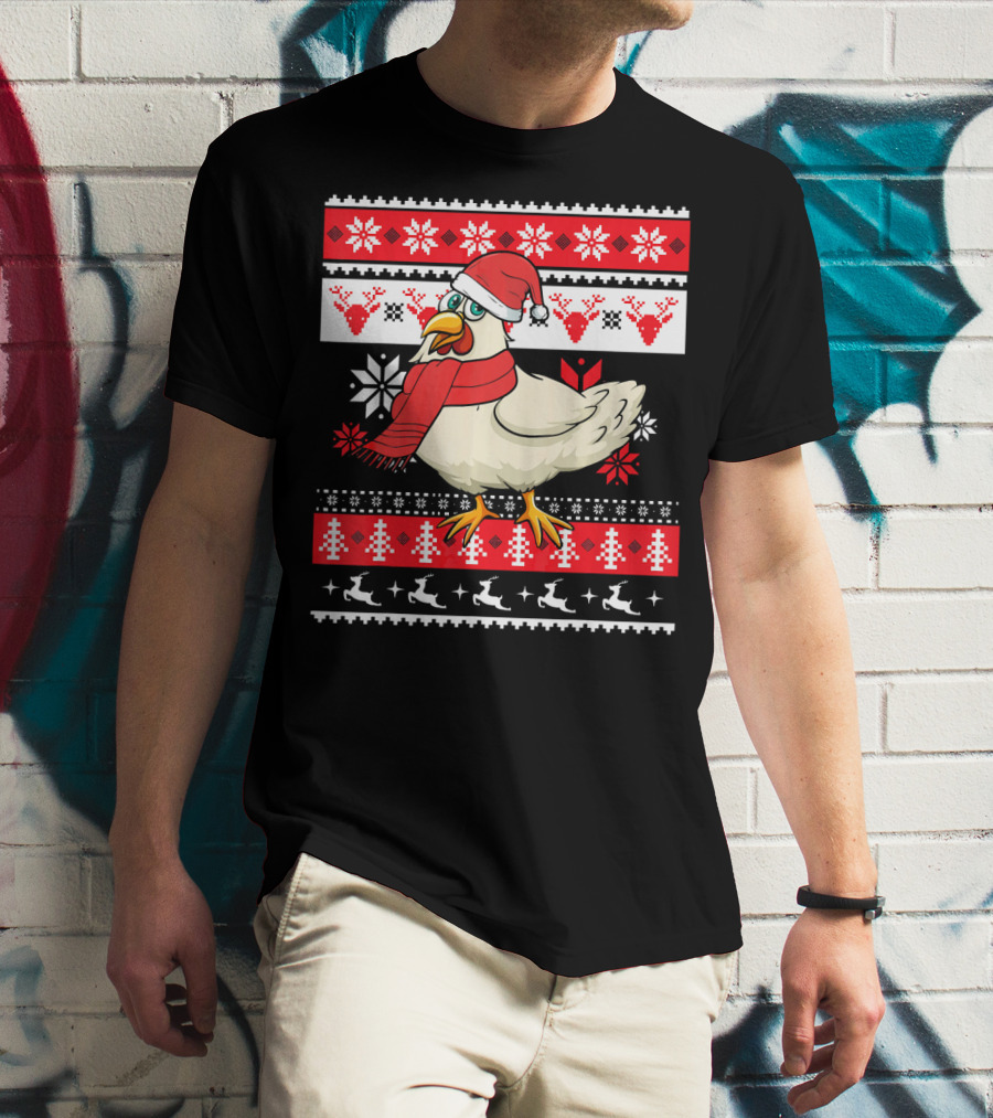Ugly Christmas Chicken Santa Hat Snowflakes Reindeer Red Scarf T-Shirt