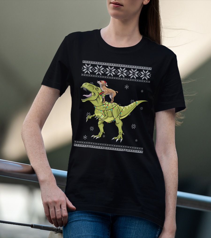 Chihuahua Riding Rex Dinosaur With Christmas Lights And Snowflakes T-Shirt