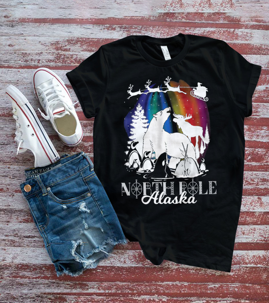 North Pole Alaska Aurora Borealis Polar Bears Reindeer Penguins Santa Sleigh T-Shirt