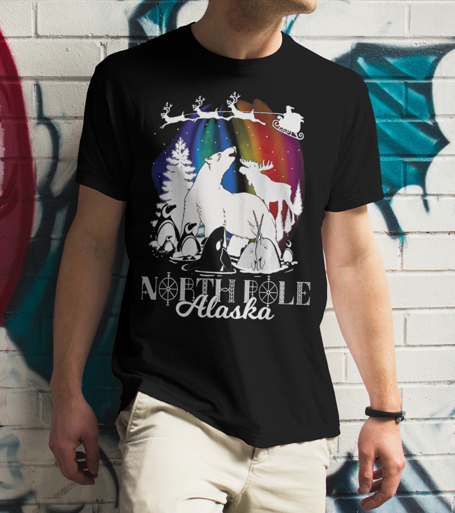 North Pole Alaska Aurora Borealis Polar Bears Reindeer Penguins Santa Sleigh T-Shirt