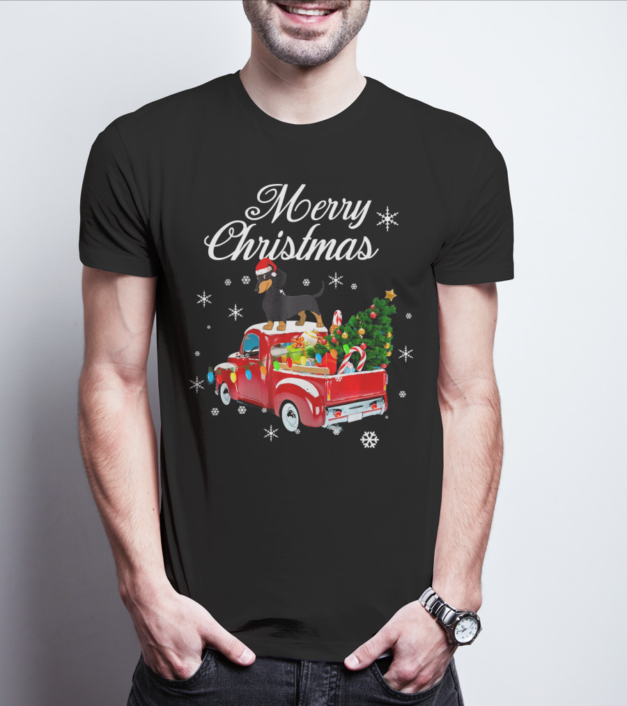 Merry Christmas Dachshund On Red Truck With Gifts And Tree T-Shirt