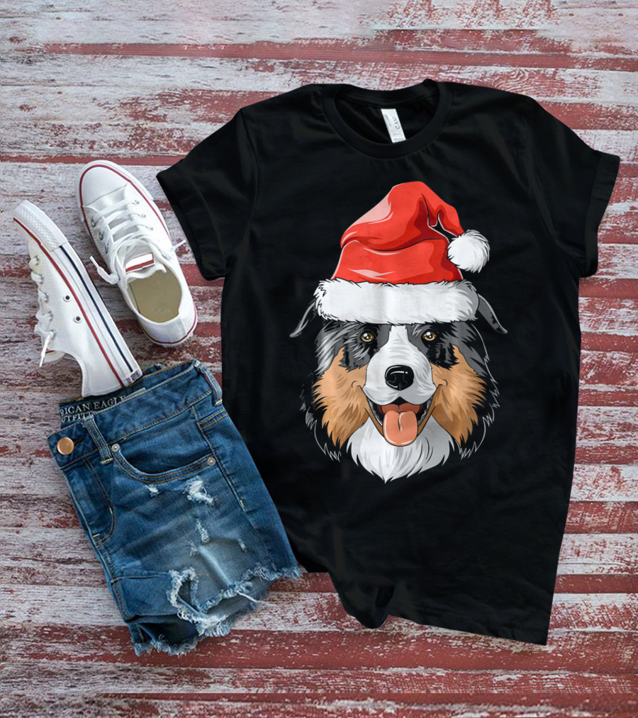 Australian Shepherd Dog Wearing Festive Santa Hat T-Shirt