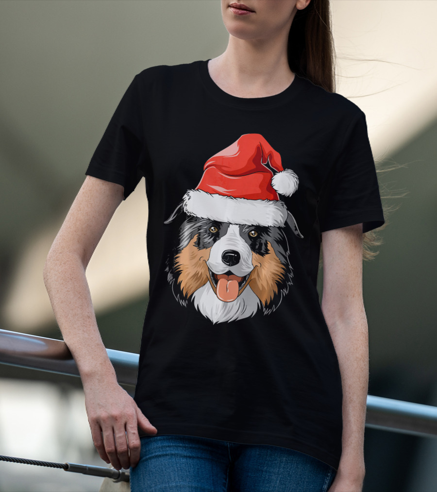 Australian Shepherd Dog Wearing Festive Santa Hat T-Shirt