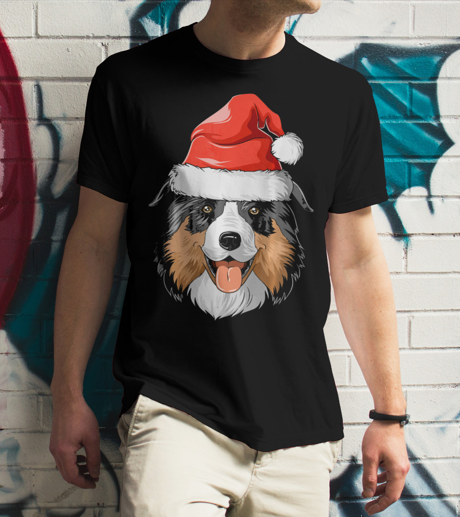 Australian Shepherd Dog Wearing Festive Santa Hat T-Shirt