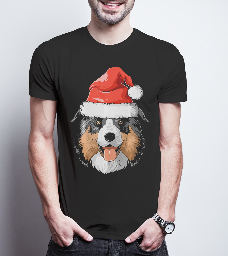 Australian Shepherd Dog Wearing Festive Santa Hat T-Shirt
