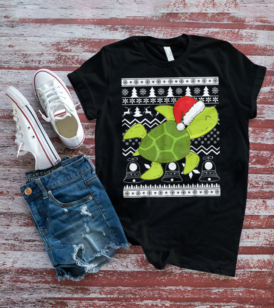 Sea Turtle Santa Holiday Sweater Design With Christmas Bells, Reindeer, Trees, And Snowflakes T-Shirt