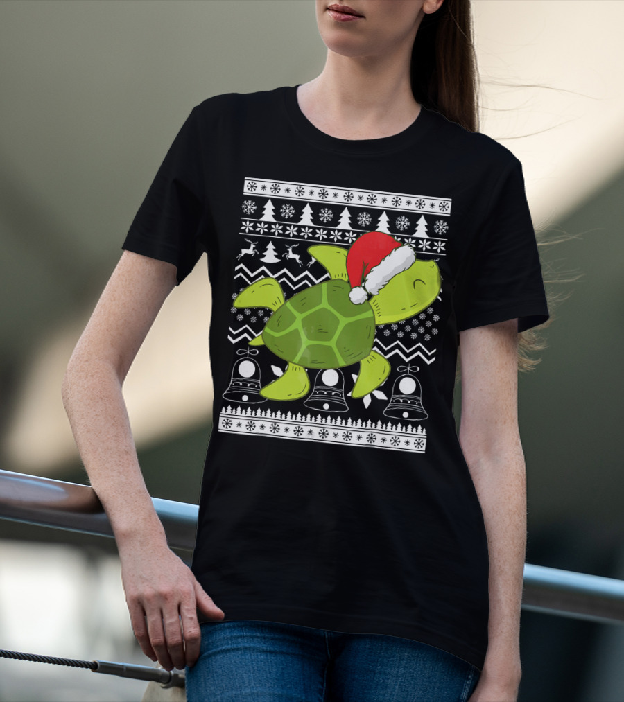 Sea Turtle Santa Holiday Sweater Design With Christmas Bells, Reindeer, Trees, And Snowflakes T-Shirt