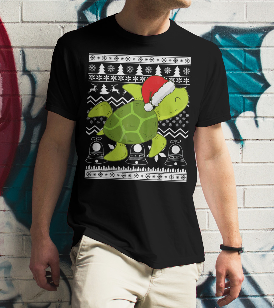 Sea Turtle Santa Holiday Sweater Design With Christmas Bells, Reindeer, Trees, And Snowflakes T-Shirt