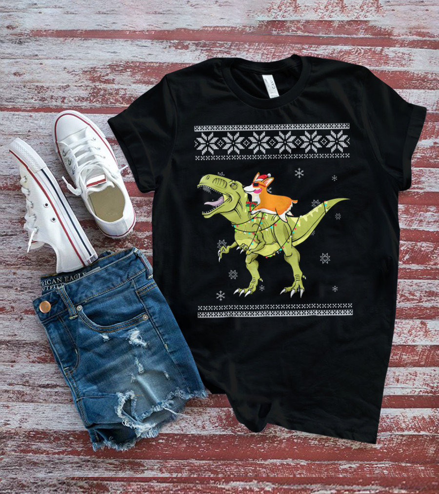 Corgi Riding T-Rex Dinosaur Christmas Lights Snowflakes Ugly T-Shirt