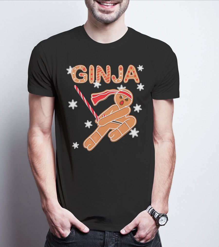 Gingerbread Ginja Funny Christmas Ninja Candy Cane Snowflakes T-Shirt