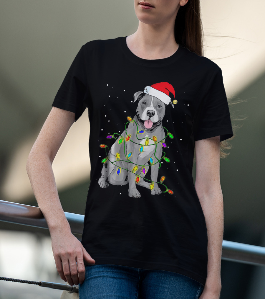 Pitbull In Santa Hat Wrapped In Christmas Lights With Snowy Background T-Shirt