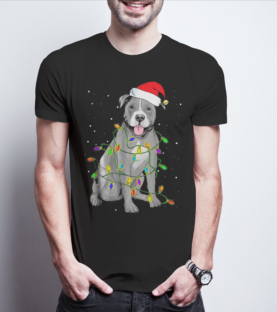 Pitbull In Santa Hat Wrapped In Christmas Lights With Snowy Background T-Shirt