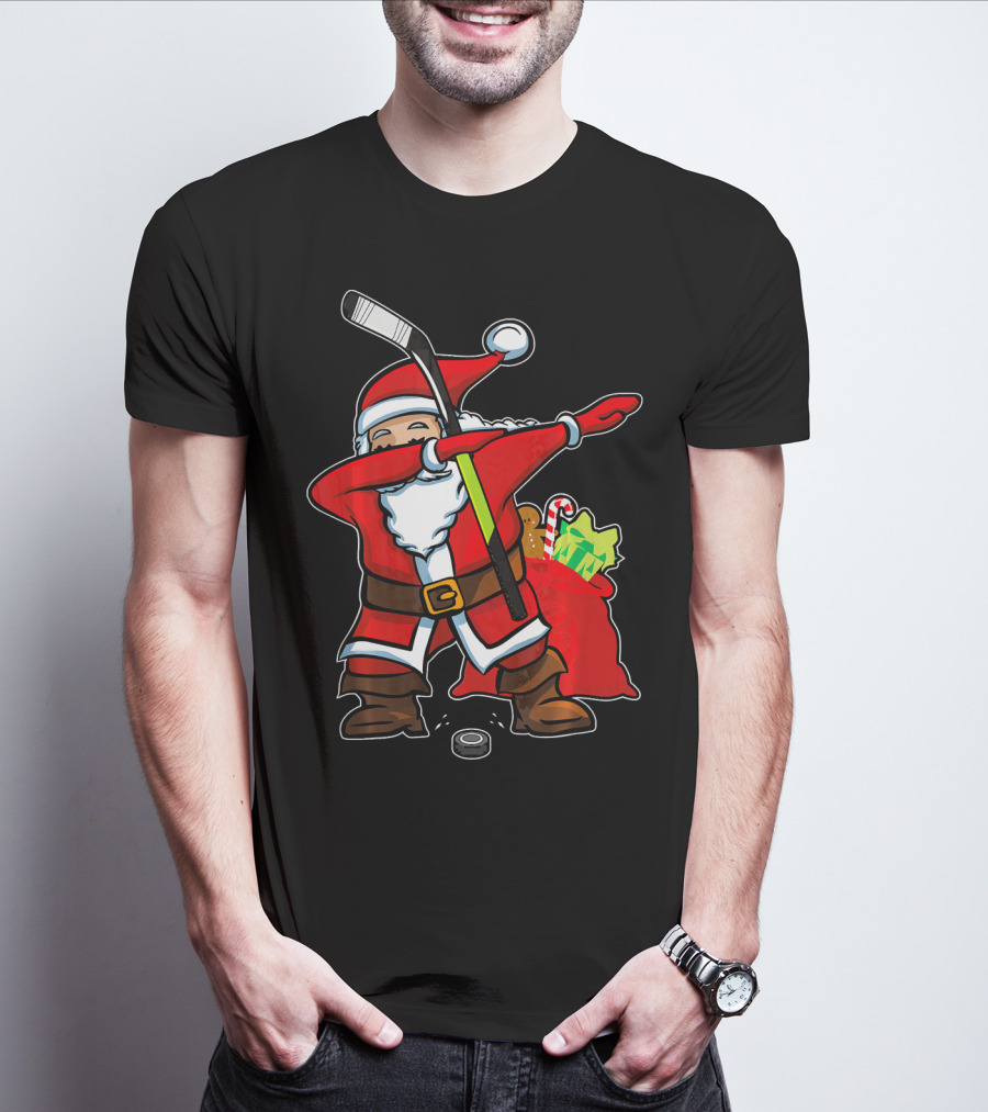 Santa Dabbing With Hockey Stick Christmas Hip Hop With Gifts And Hockey Puck T-Shirt