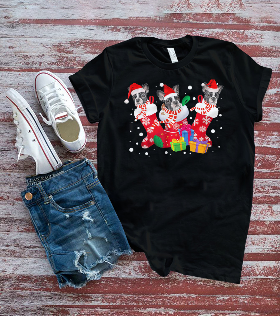 Three Boston Terrier In Santa Hat Stockings Christmas Gifts T-Shirt