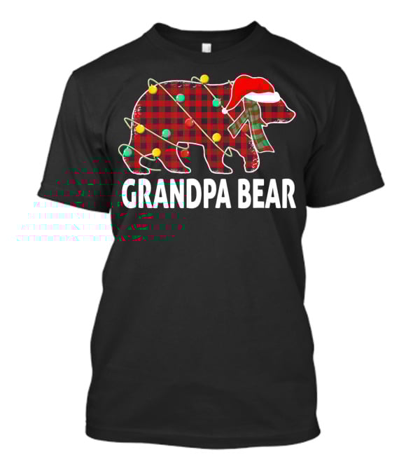 Grandpa Bear Plaid Christmas Hat Family Holiday Lights T-Shirt