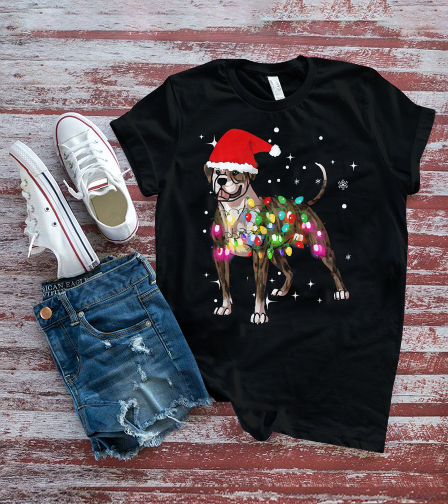 Christmas Lights American Bulldog Santa Hat Snowflakes T-Shirt