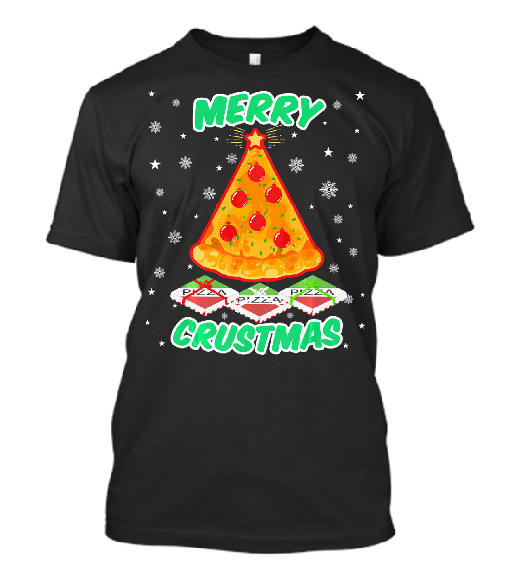 MERRY CRUSTMAS Funny Pizza Christmas Tree With Snowflakes And Pizza Boxes T-Shirt