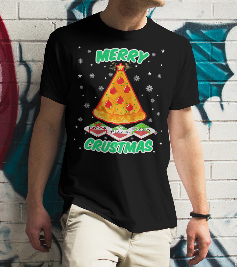 MERRY CRUSTMAS Funny Pizza Christmas Tree With Snowflakes And Pizza Boxes T-Shirt