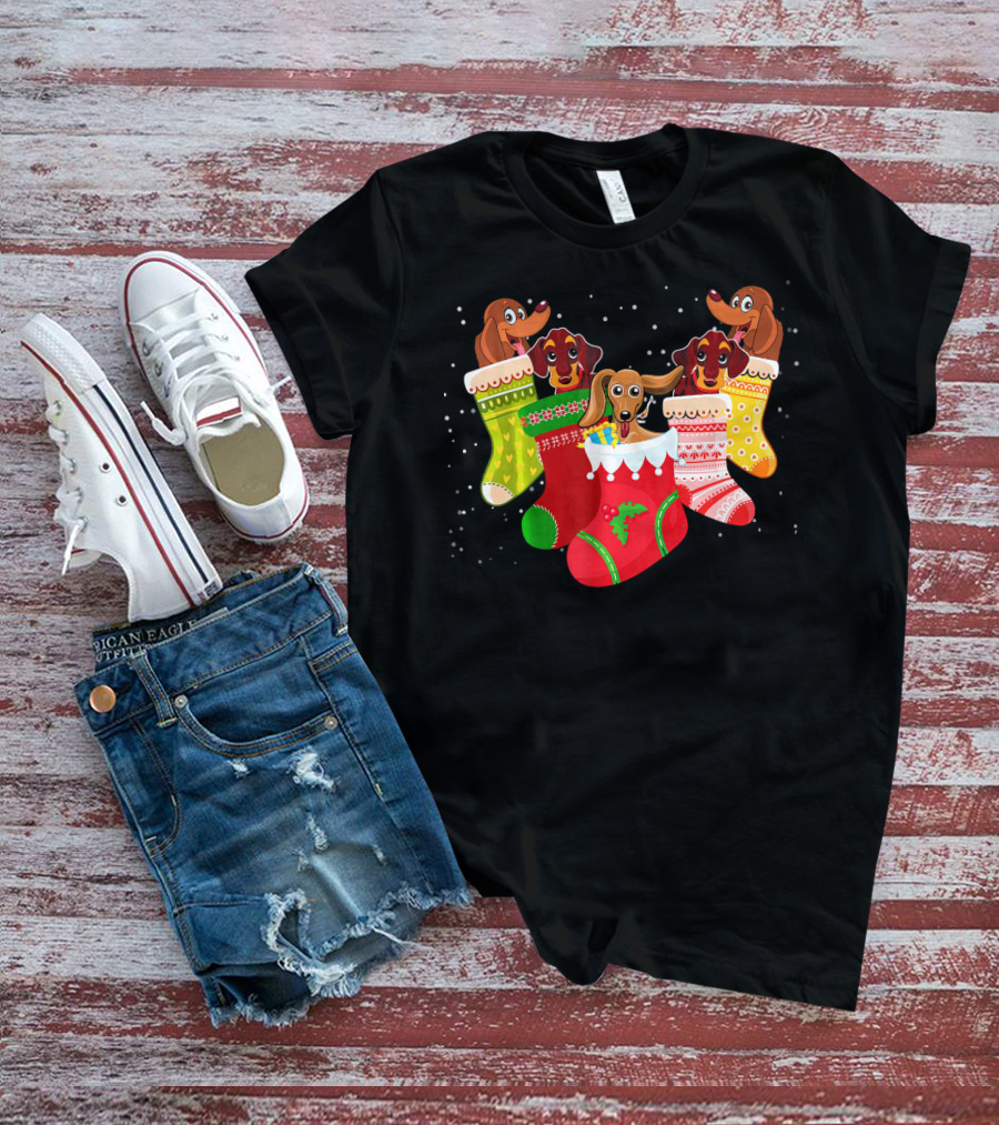Playful Dachshunds In Colorful Christmas Socks Festive Humor T-Shirt