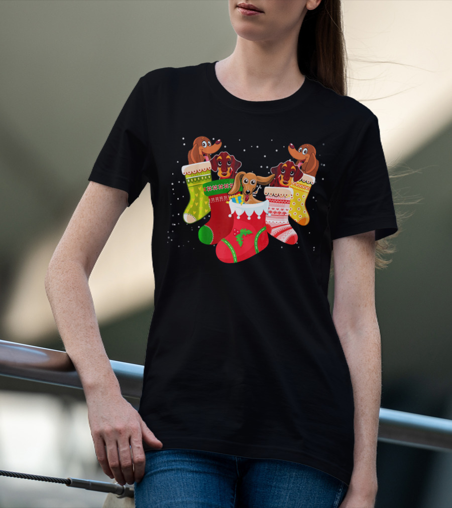 Playful Dachshunds In Colorful Christmas Socks Festive Humor T-Shirt