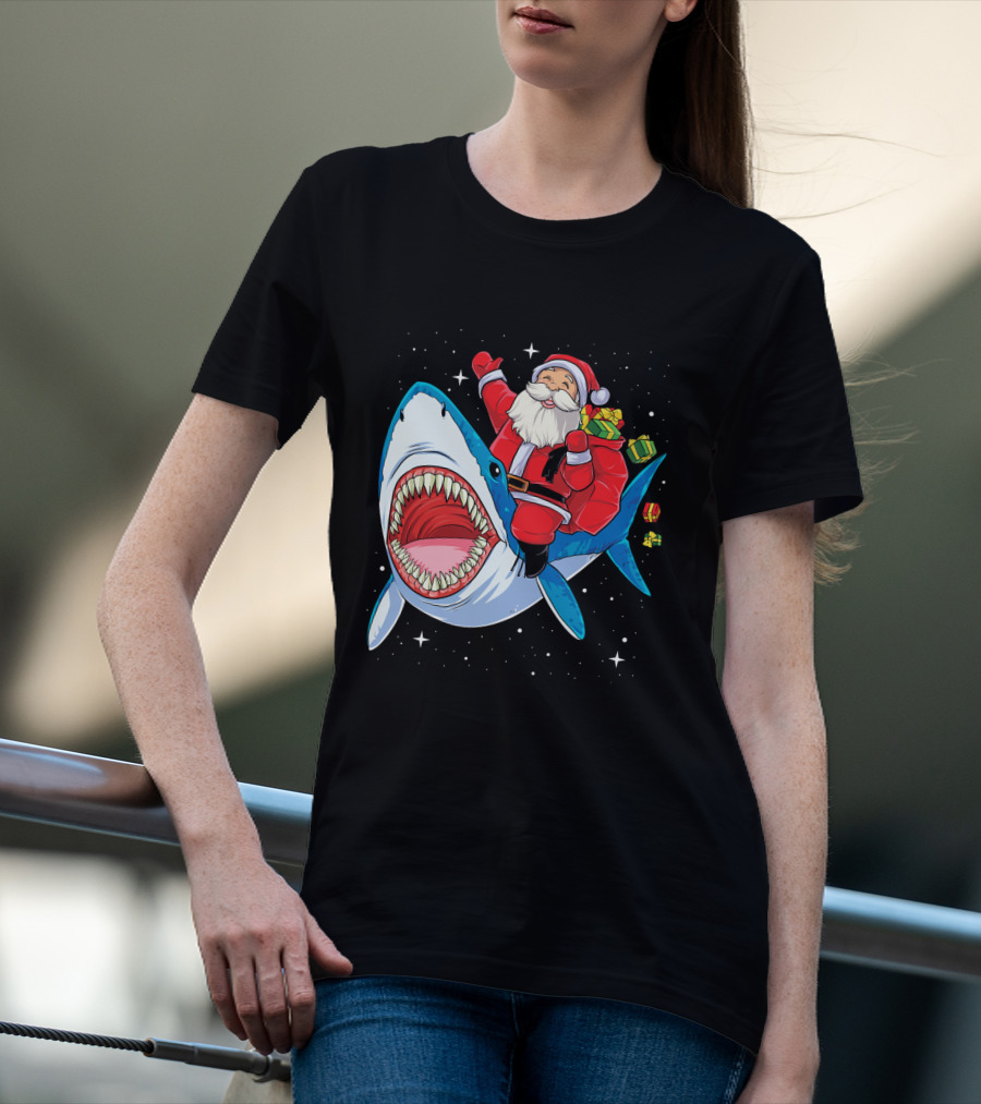 Santa Claus Riding A Shark With Gifts T-Shirt