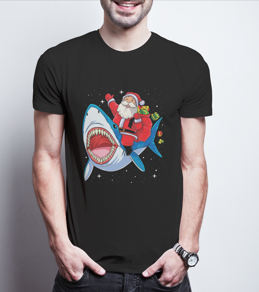 Santa Claus Riding A Shark With Gifts T-Shirt