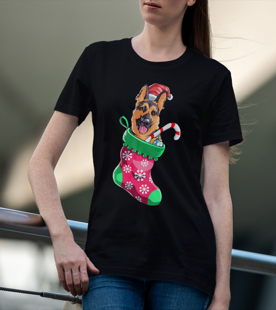 German Shepherd In Christmas Santa Hat Stocking With Candy Cane T-Shirt