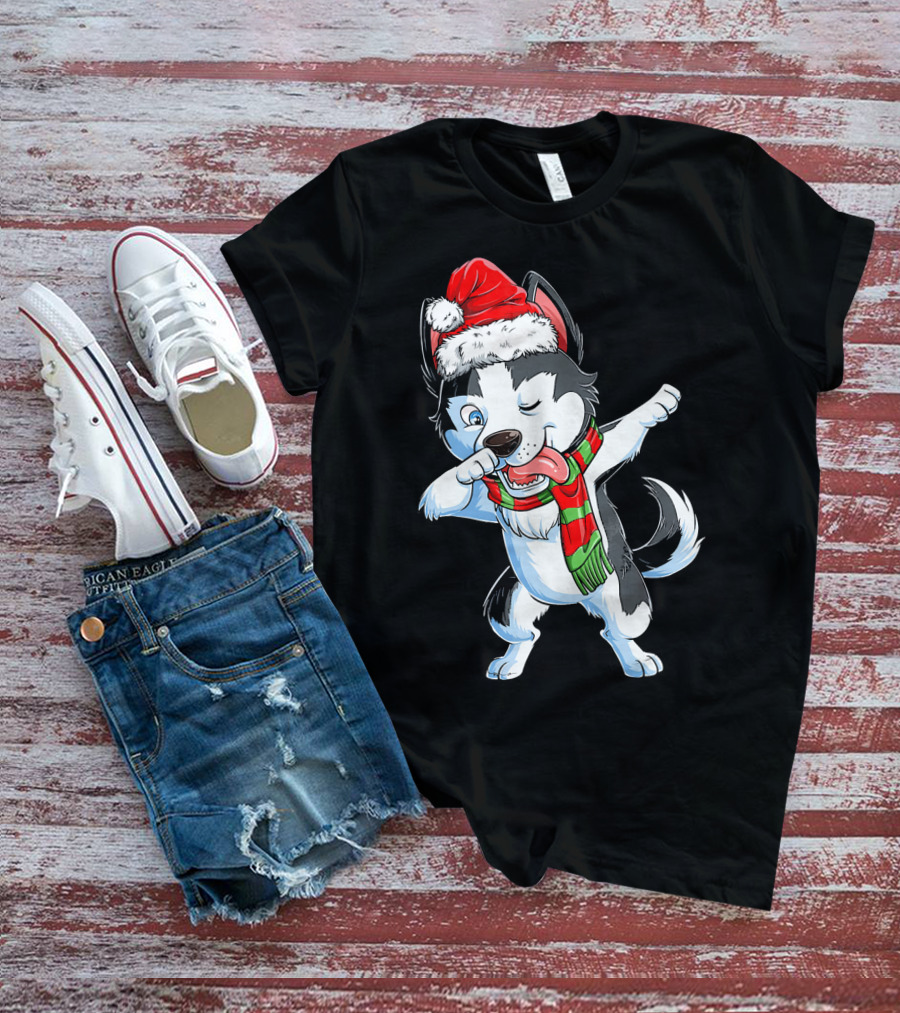 Dabbing Siberian Husky Santa Christmas Dog With Scarf T-Shirt