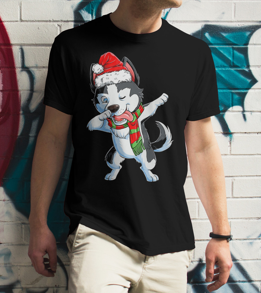 Dabbing Siberian Husky Santa Christmas Dog With Scarf T-Shirt