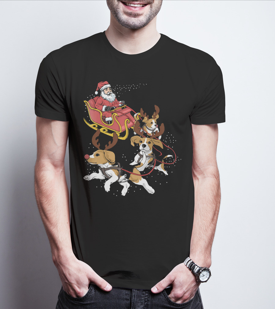 Santa's Sleigh With Beagle Reindeer Trio T-Shirt