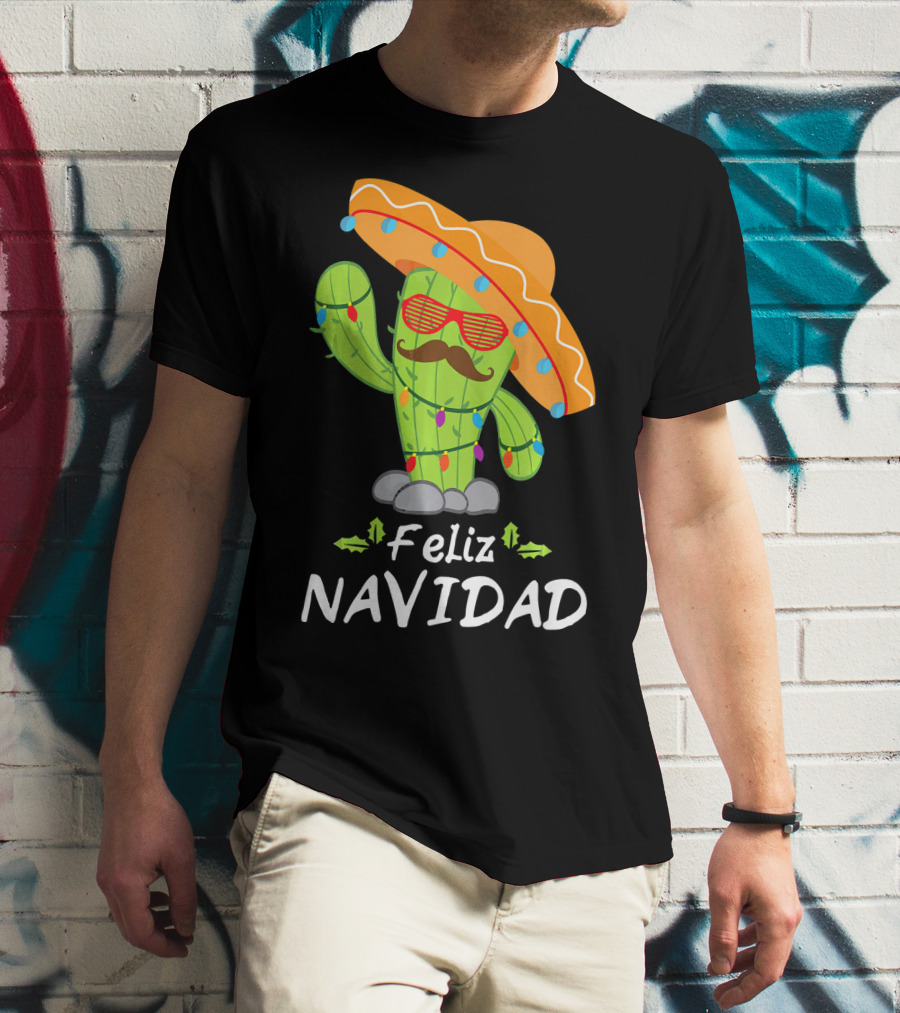 Feliz Navidad Cactus Mexican Tree Christmas Sombrero Lights T-Shirt