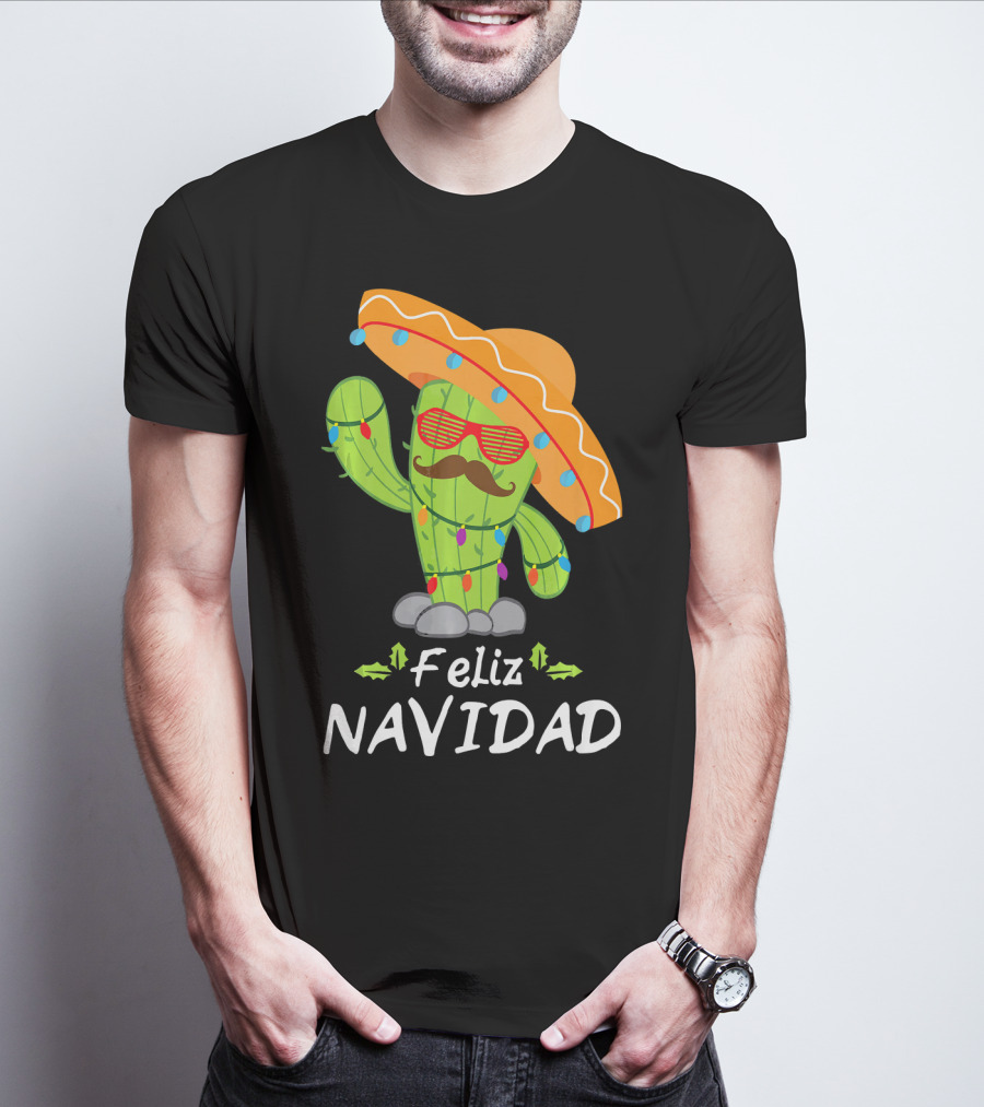 Feliz Navidad Cactus Mexican Tree Christmas Sombrero Lights T-Shirt