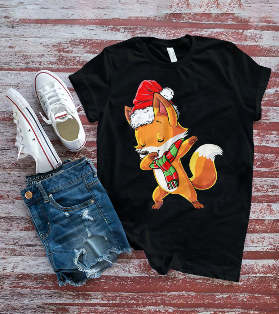 Christmas Dab Fox With Santa Hat And Scarf T-Shirt