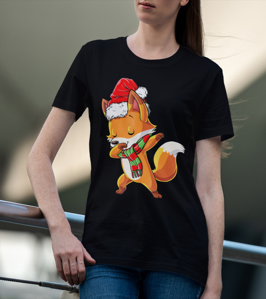 Christmas Dab Fox With Santa Hat And Scarf T-Shirt