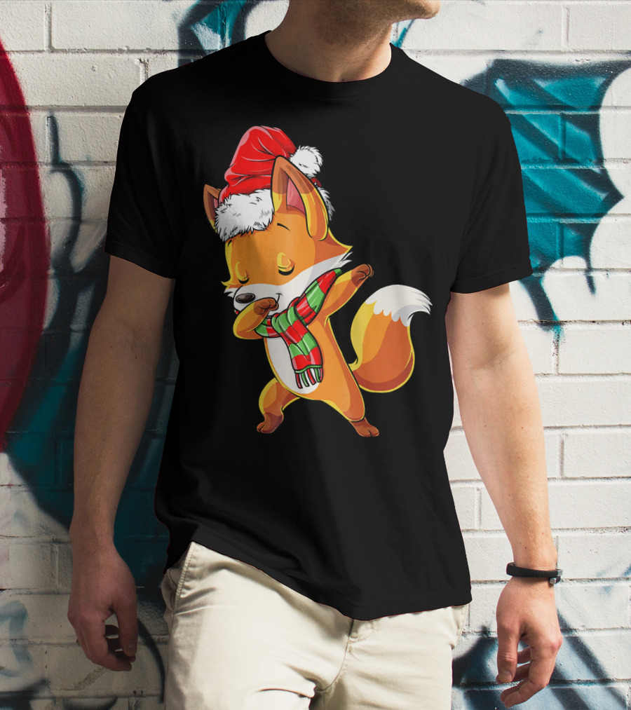 Christmas Dab Fox With Santa Hat And Scarf T-Shirt