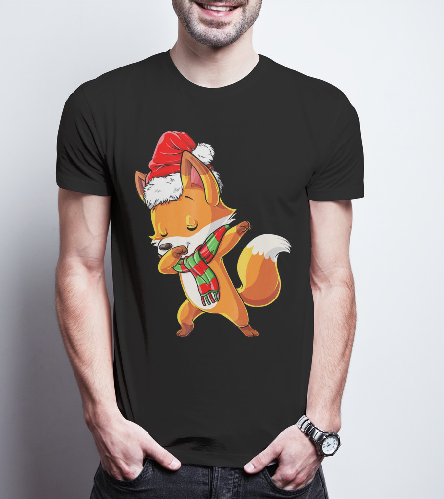Christmas Dab Fox With Santa Hat And Scarf T-Shirt
