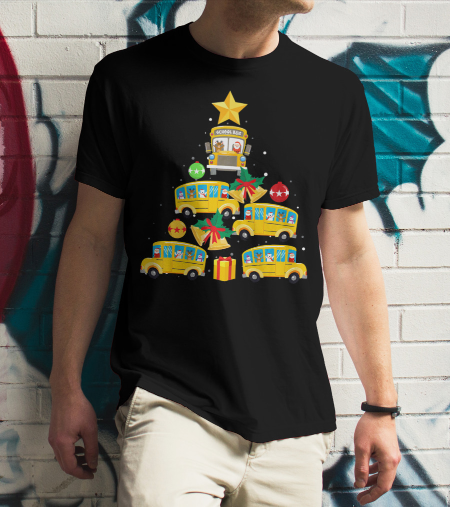 School Bus Christmas Tree With Santa Reindeer Ornaments And Gifts T-Shirt